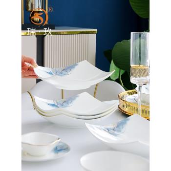 家用餐具8英寸深菜盤子 創意田園風翹腳餐盤 骨瓷金邊飯盤沙拉盤