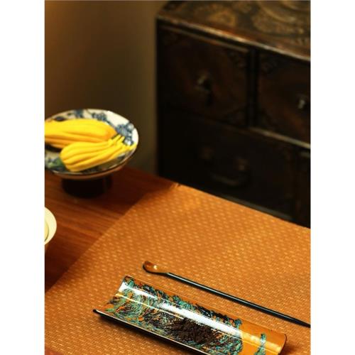 手工高檔大漆山河圖茶則瓦當茶道配件茶具家用送禮茶室中式紫光檀