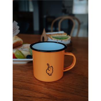 WOOKOO小貓杯|橘黃色加厚搪瓷杯復古早餐馬克杯露營咖啡杯300ml