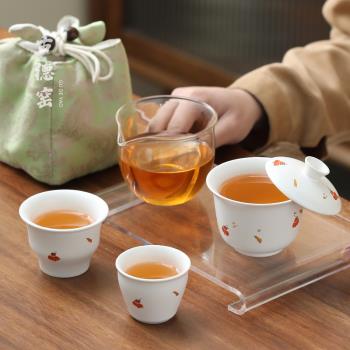 奶油白手繪陶瓷一蓋碗兩杯旅行茶具套裝戶外高檔快客杯防燙泡茶碗