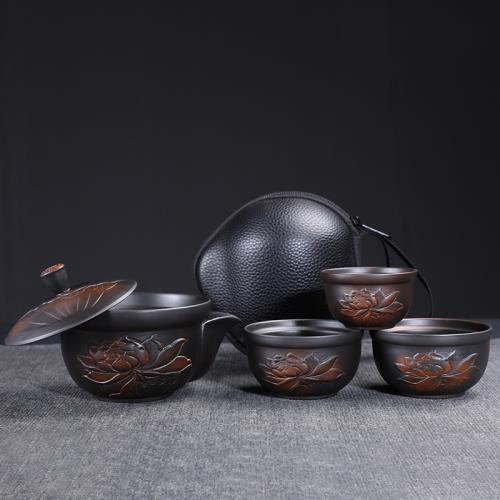 紫陶快客杯一壺三杯便攜式包旅行茶具車載家用戶外懸停泡茶壺浮雕