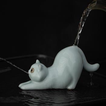 宇軒汝窯茶寵噴水御貓手工萌龜鴨蝸牛擺件精品茶玩茶藝可養小擺件