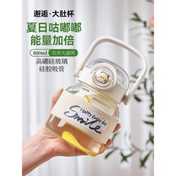 捷安璽大肚玻璃杯女生高顏值大容量胖胖果茶杯2024新款便攜吸管杯