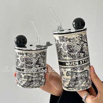 三秋Sanq復古水墨風陶瓷保溫杯耐熱水杯吸管杯隨手杯冰美式咖啡杯