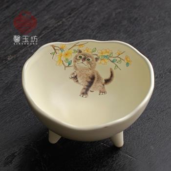 萌貓汝窯開片中式茶點盤三足高腳陶瓷水果盤精緻點心盤零食收納盤