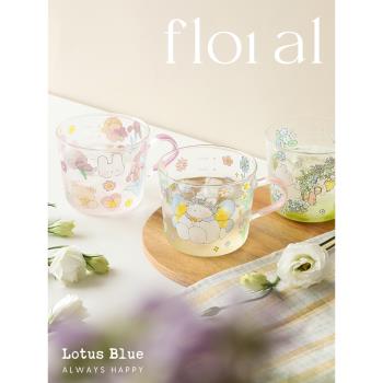 藍蓮花玻璃杯兒童水杯家用可愛耐高溫早餐杯牛奶杯子帶把手高硼矽