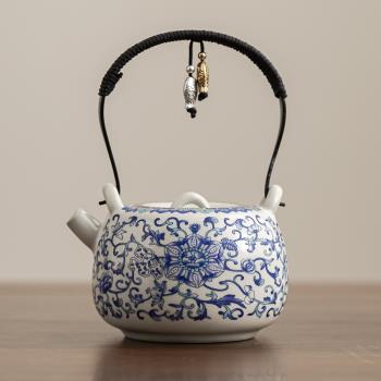 恬靜生活陶瓷茶壺提樑壺黃汝開片纏枝蓮泡茶壺功夫茶具茶杯家用