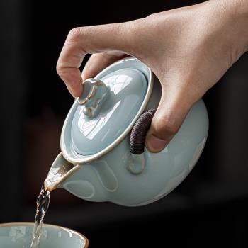 官窯汝窯手抓壺泡茶家用2024新款陶瓷茶水壺高檔茶具單壺開片可養