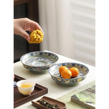 汝窯琺瑯彩陶瓷青花茶點盤高腳點心盤水果盤中式高足供佛糕點擺盤