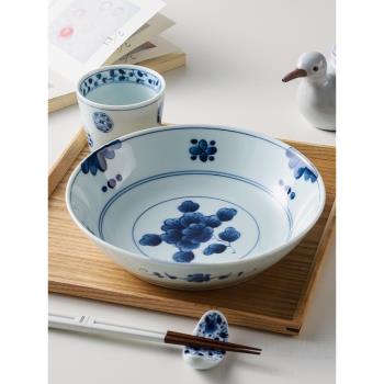 小鹿田燒日本進口陶瓷餐具21cm大深盤菜盤日式和風湯盤青花釉下彩