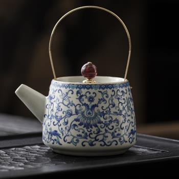 汝窯提樑壺復古大容量功夫茶具青花茶壺泡茶家用陶瓷茶水壺泡茶壺