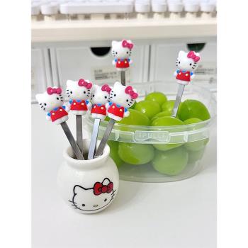 hellokitty水果叉子輕奢高階感不銹鋼可愛餐具蛋糕叉陶瓷罐套裝