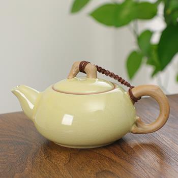汝窯茶壺帶不銹鋼過濾網開片可養陶瓷功夫茶具單壺米黃杯子套裝