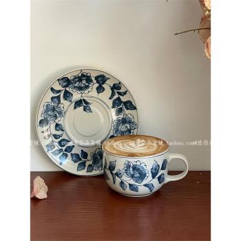 釉中彩復古青花陶瓷咖啡杯碟拿鐵拉花杯下午茶杯中古杯子禮物國風