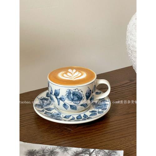 釉中彩復古青花陶瓷咖啡杯碟拿鐵拉花杯下午茶杯中古杯子禮物國風