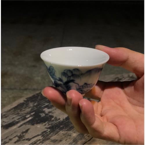 潮汕功夫茶杯七十年代庫存手繪青花瓷杯若深珍藏鈴鐺杯潮州楓溪窯|茶杯