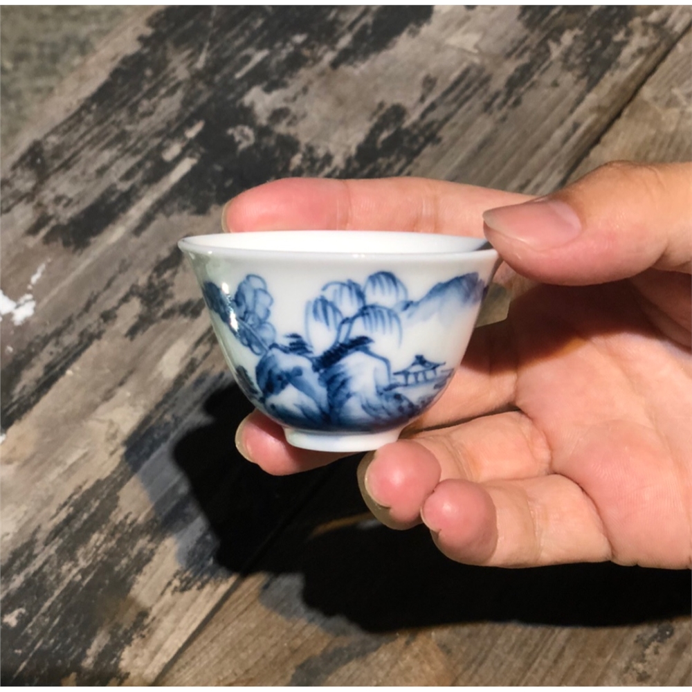 潮汕功夫茶杯七十年代庫存手繪青花瓷杯若深珍藏鈴鐺杯潮州楓溪窯|茶杯
