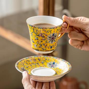 中式景德鎮琺瑯彩咖啡杯女高顏值陶瓷杯子精緻下午茶手繪描金杯子
