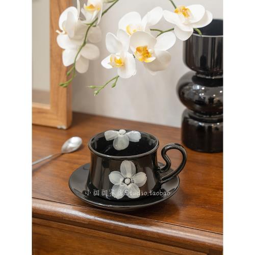 復古手繪釉下彩陶瓷咖啡杯碟套裝中古風黑色下午茶杯閨蜜伴手禮物