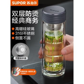 蘇泊爾雙層玻璃杯男女士便攜茶水杯透明隔熱辦公泡茶杯子2025新款