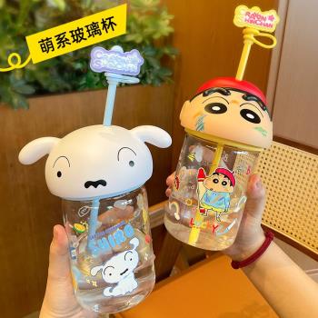 新款蠟筆小新玻璃杯女生高顏值水杯夏天卡通可愛吸管杯子禮物學生