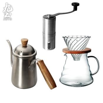日式不銹鋼木柄咖啡壺手動磨咖啡豆器磨機玻璃咖啡加厚濾杯分享壺