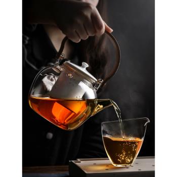 九土耐熱玻璃煮茶壺手工玲瓏煮茶器木提樑燒水壺功夫茶壺電爐家用