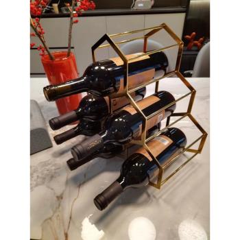 輕奢金屬擺件現代紅酒架子酒瓶菱形格置物架家用簡約酒櫃酒架吧臺