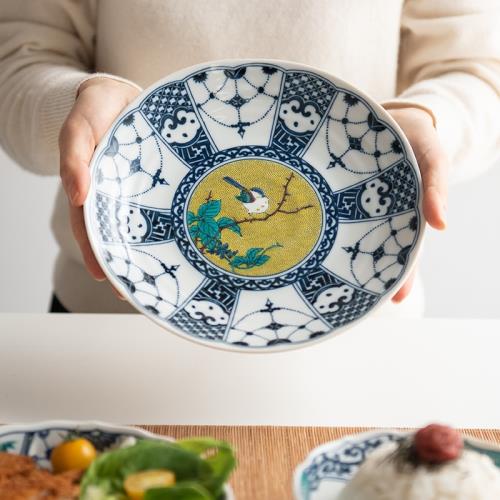 日本進口九谷燒彩繪花鳥陶瓷餐具面碗湯盤菜盤平盤甜品水果盤淺盤