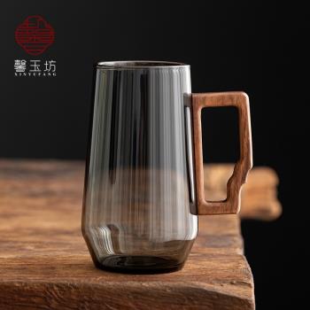 高檔男士玻璃茶杯胡桃木把耐高溫防爆辦公室煙灰色泡綠茶個人水杯