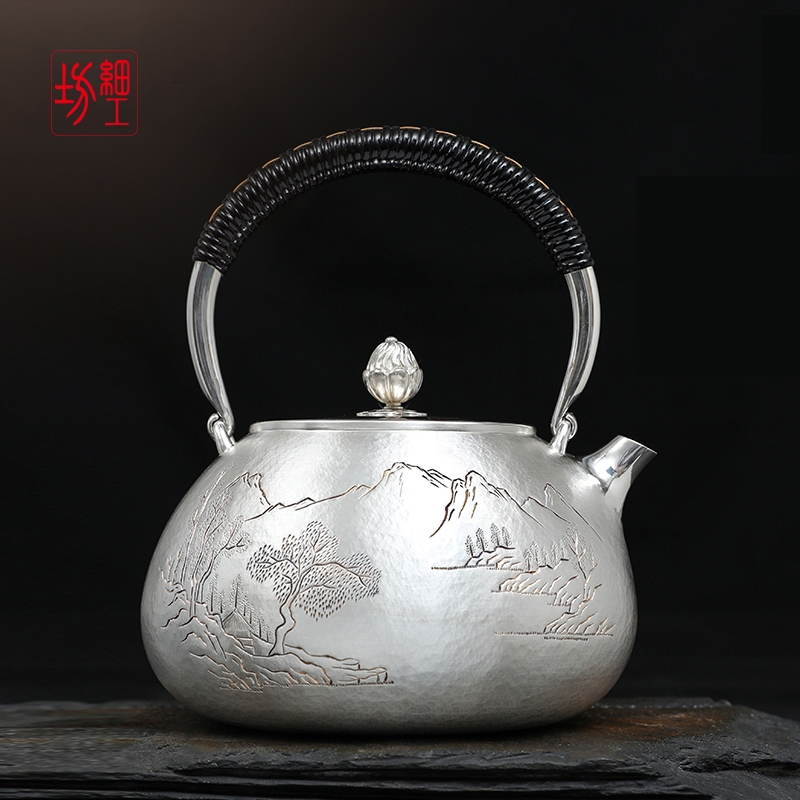 細工坊日本原裝進口銀壺純銀9999燒水壺純手工一張打銀茶壺煮水壺|茶壺