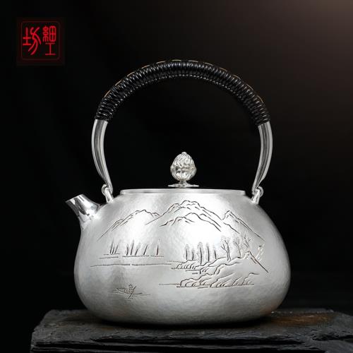 銀　茶壺 tb41, 麒龍堂圓花鐵壺花貼金箔銀箔約1.6L, 鐵壺