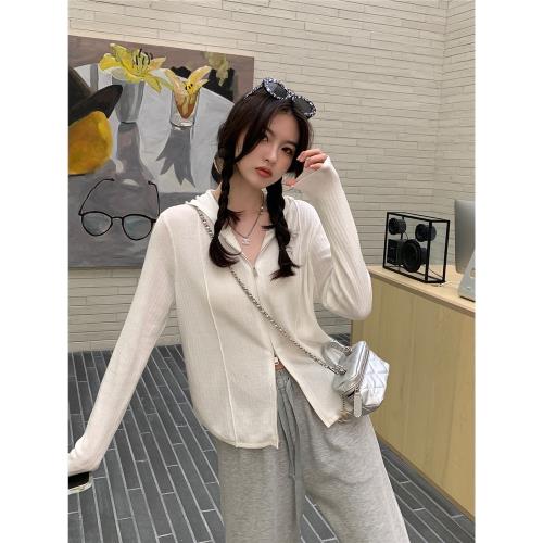 (免運)阿一 雙拉鏈防曬開衫女薄款夏季微透短款連帽針織上衣休閑外套