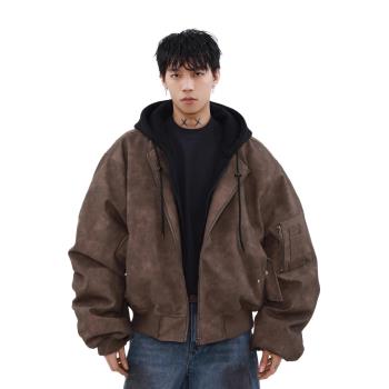 美式bomeber假兩件飛行服夾克男春秋季加厚寬松連帽廓形PU皮外套
