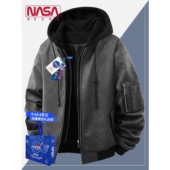 NASA聯名高街假兩件PU皮夾克春秋季男士潮牌痞帥皮衣連帽休閑外套