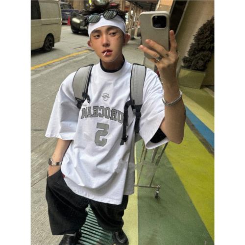 Aurocean 少年感刺繡球衣T恤 320克重磅純棉白色大版球服短袖