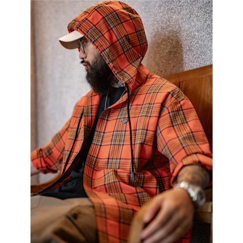 馬登工裝美式休閑色織橘色連帽格子襯衫寬松復古格紋襯衣外套男春