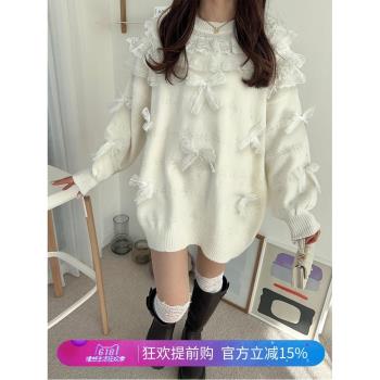 G*L春季新款2025日系甜美蕾絲蝴蝶結裝飾圓領寬松款針織上衣