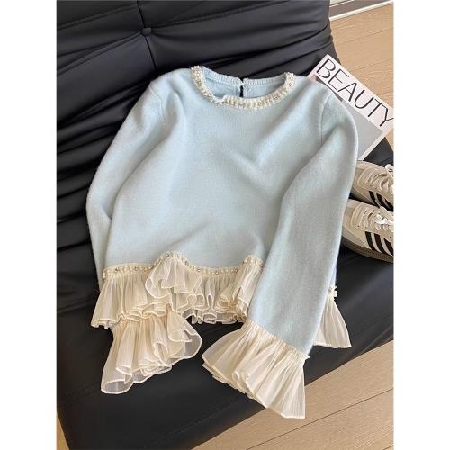 春秋新款慵懶風溫柔甜美減齡寬松別致釘珠荷葉邊軟糯毛衣女針織衫