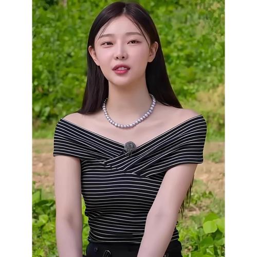 單身即地獄4李時安同款條紋一字領露肩T恤女修身純欲性感減齡上衣