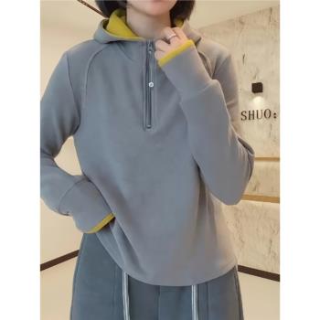 半拉鏈加絨加厚連帽長袖衛衣女春季大碼胖mm歐貨時尚洋氣帽衫上衣