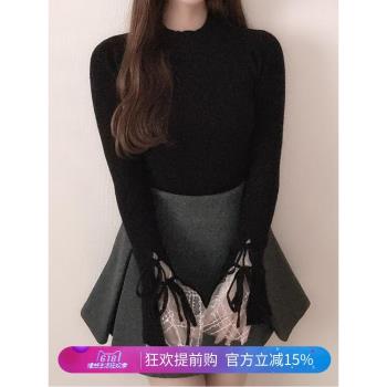 G*L春季新款2025日系甜美百搭蕾絲拼接喇叭袖圓領針織上衣