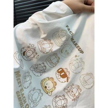 前後加菲貓100%圓領純棉夏季創意印花短袖卡通男女情侶學院風T恤