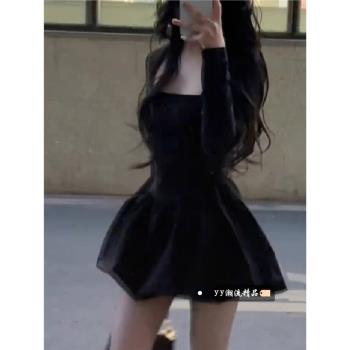 法式黑色方領長袖連衣裙子女2025新款夏季高階感收腰氣質花苞短裙
