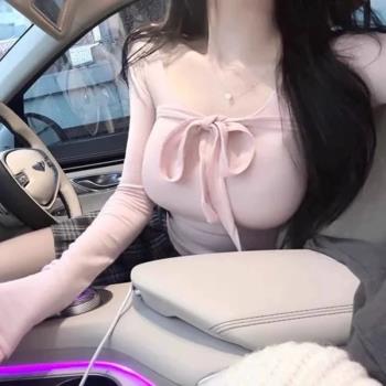 韓國東大門新款溫柔性感親膚顯身材U領飄帶緊身打底T恤女長袖上衣