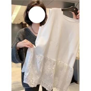 大碼歐貨花邊蕾絲打底衫女2025春季時尚洋氣疊穿無袖純棉打底上衣