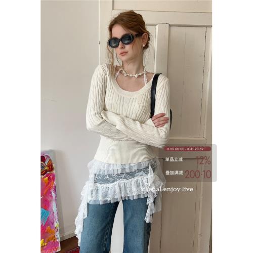 EGGKA復古絞花杏色U領長袖針織衫秋收腰修身顯瘦短款百搭氣質上衣