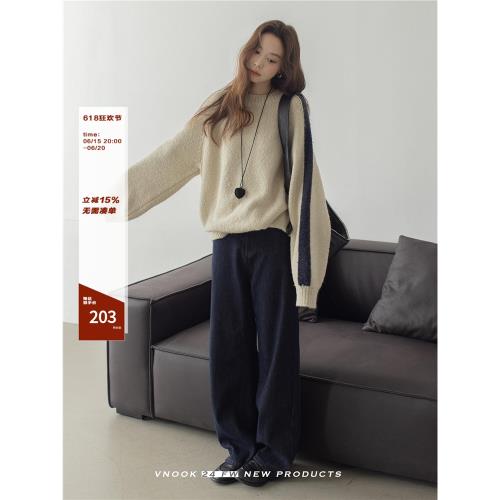 VNOOK 羊毛混紡圈圈紗撞色毛衣女秋冬高級垂感慵懶套頭針織衫上衣