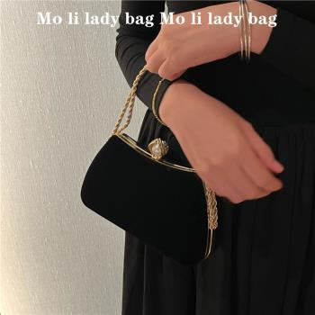 高階手包晚宴禮服包包女絨面手機手腕包珍珠鏈旗袍包宴會手提小包