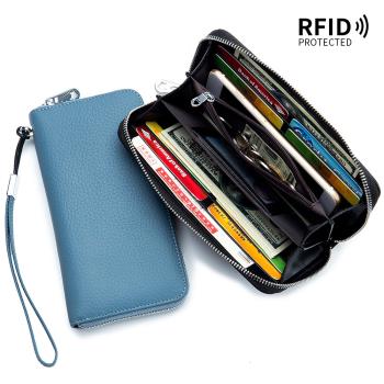 女士錢包長款真皮RFID 頭層牛皮手拿包軟皮簡約錢夾手機包男跨境